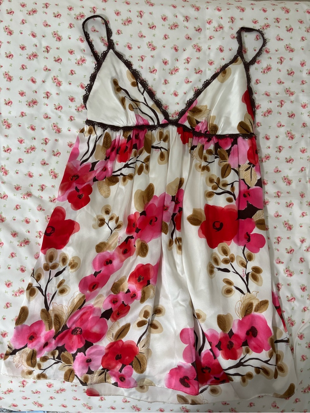 Milly White Satin Chemise with Pink & Red Floral Print